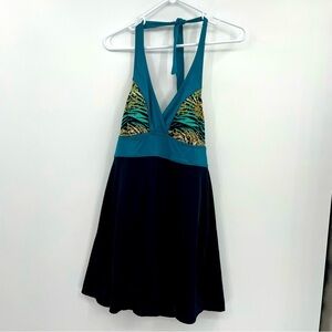 Tropical Escape Halter Swim Dress Size 8 | Black, Blue, Teal & Gold